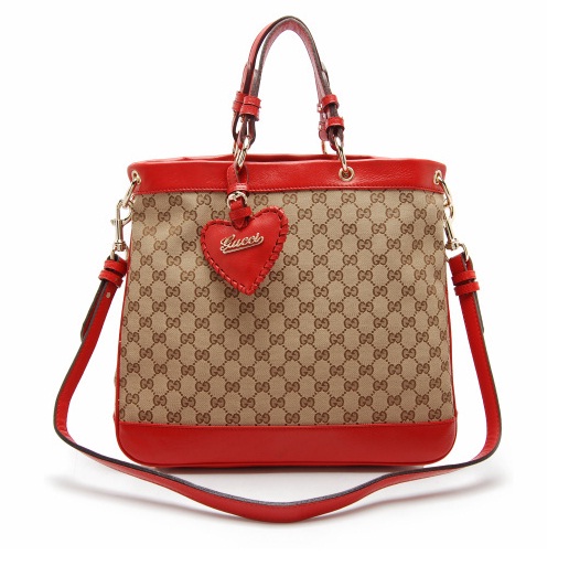 Authentic Gucci Valentine Heart Charm Tote Bag 282342 Red Trim